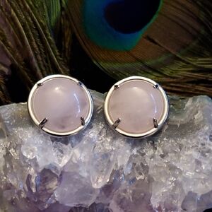Genuine ROSE QUARTZ Crystal Cabochon Prong Set Stud Silver Tone Pierced Earrings
